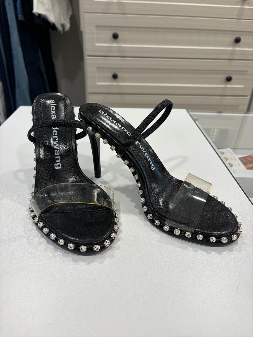 Alexander Wang Black Leather & Clear Strap Crystal-Trim Stiletto Sandals